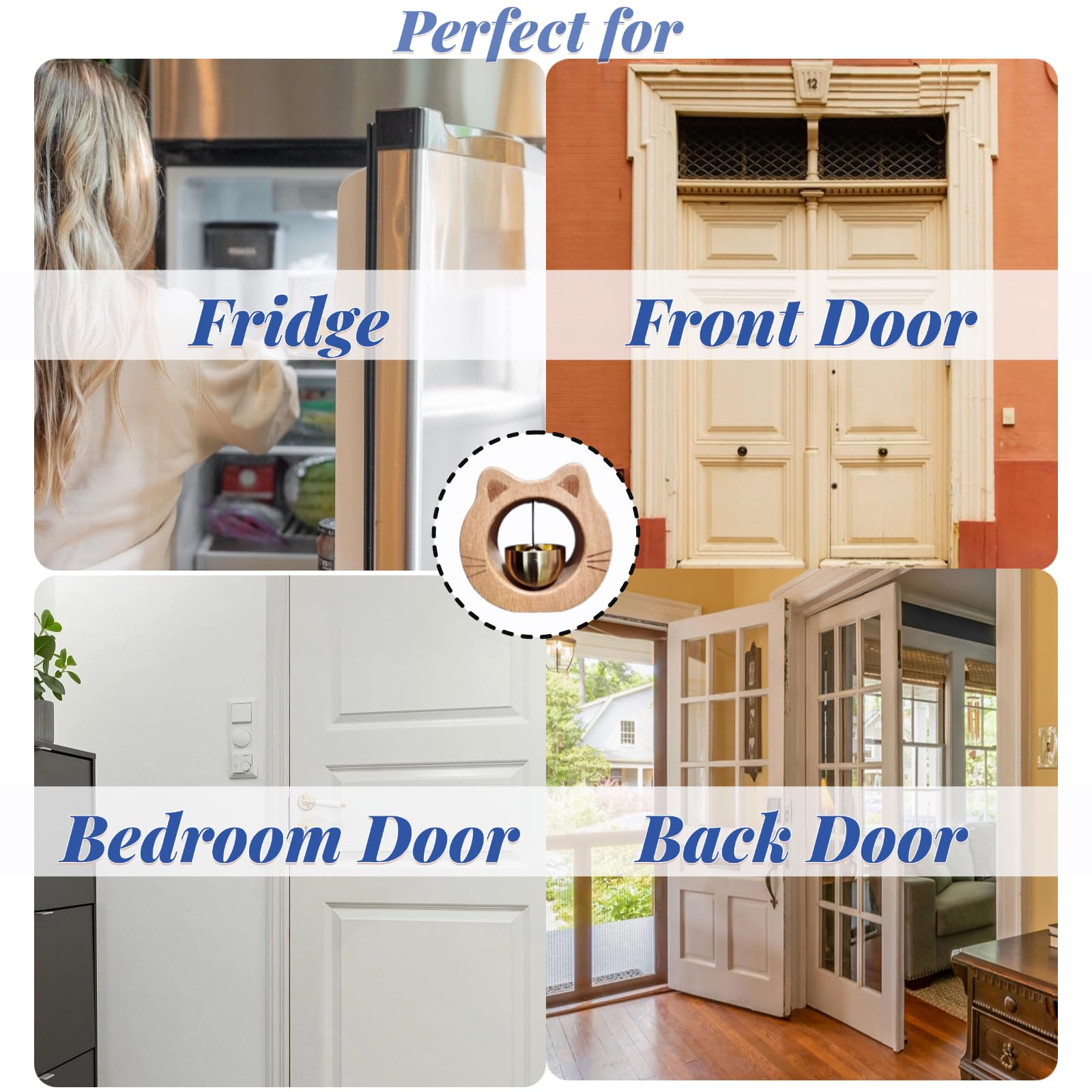 Cat-Shaped Wooden Chime Doorbell with Brass Bell