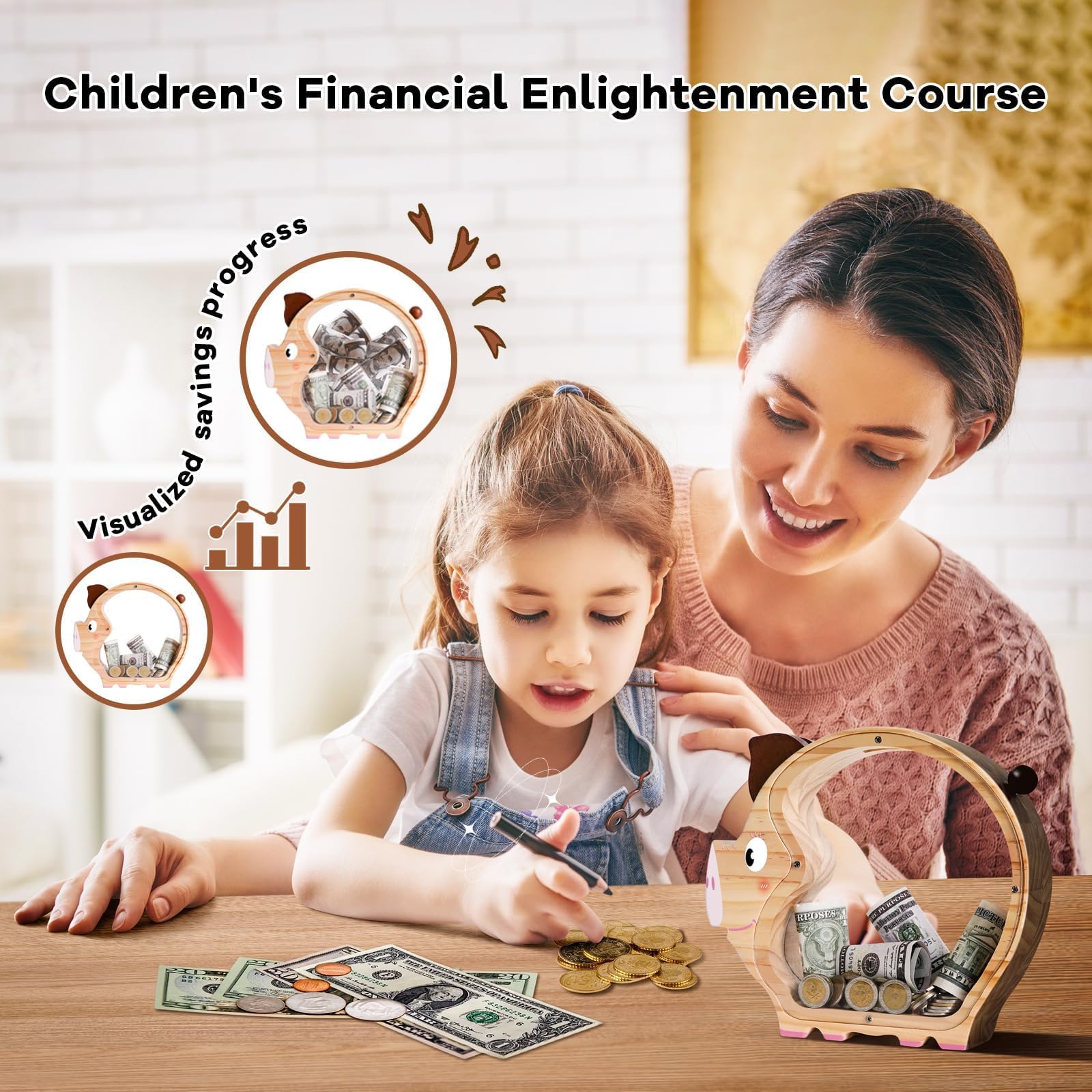 Wooden Piggy Bank - Adorable & Durable Money Box for Kids