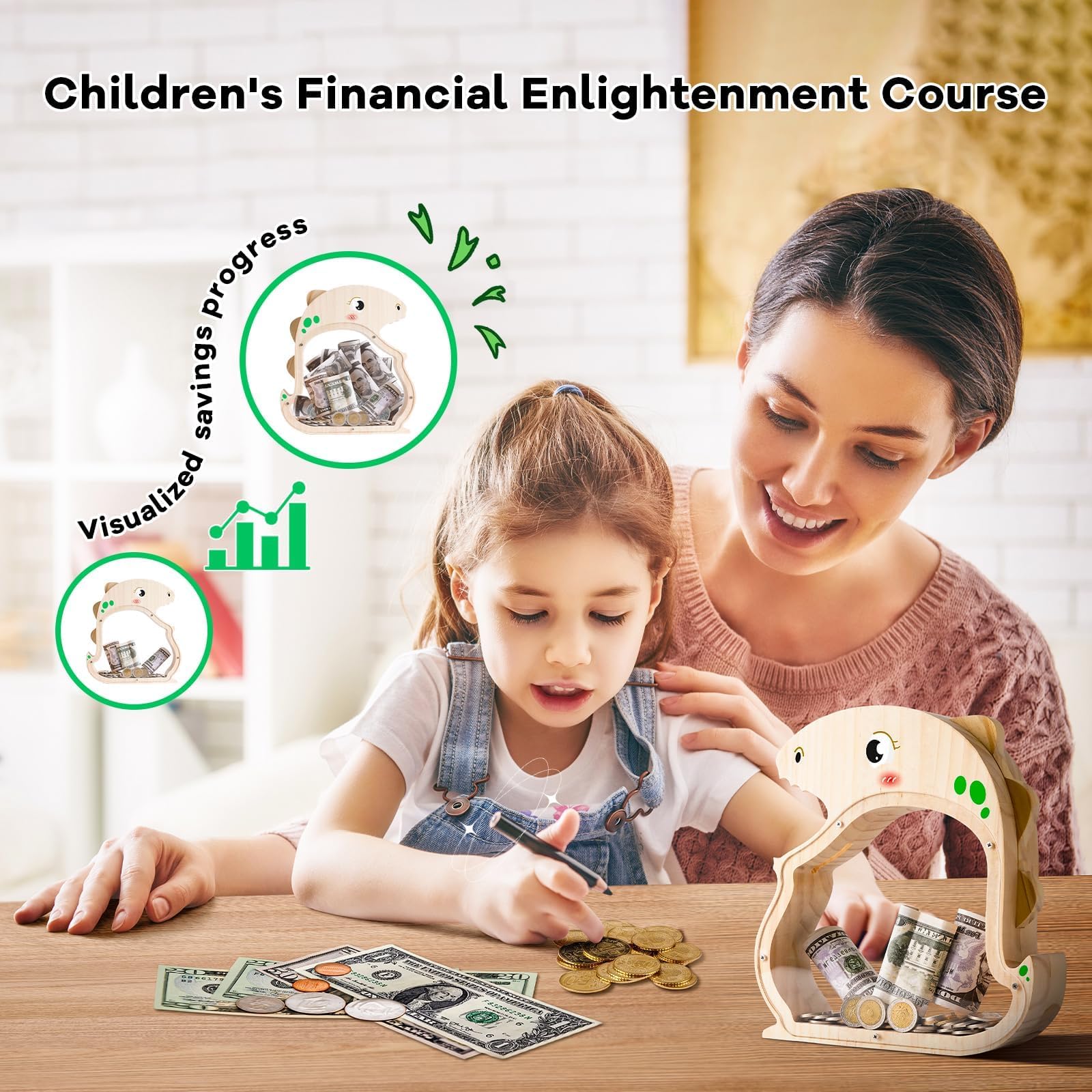 Wooden Dinosaur Piggy Bank - Prehistoric Savings Fun for Kids