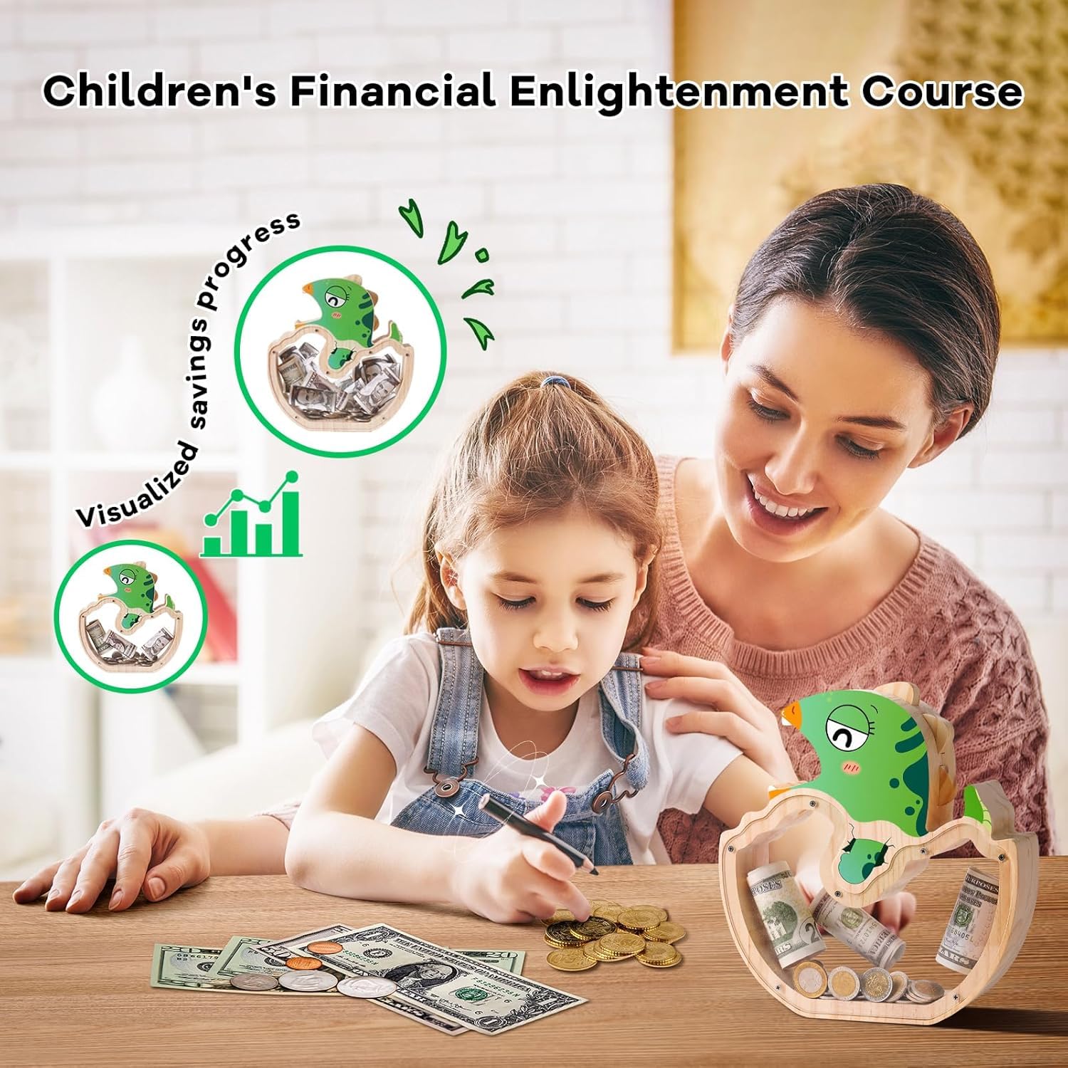 Baby Dinosaur Wooden Piggy Bank - Prehistoric Savings Fun for Kids