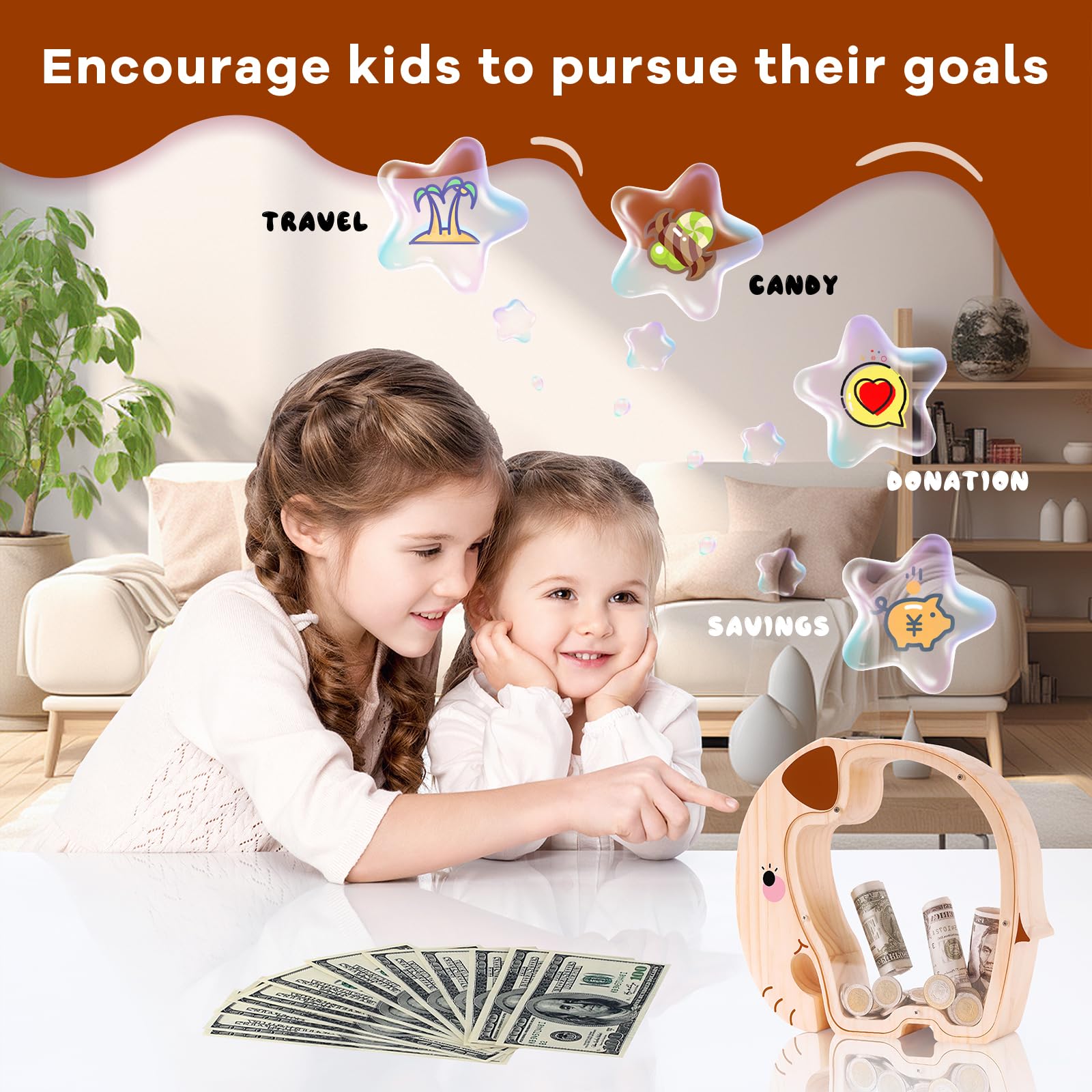 Wooden Elephant Piggy Bank - Adorable Dual-View Coin Keeper with Personalization Stickers