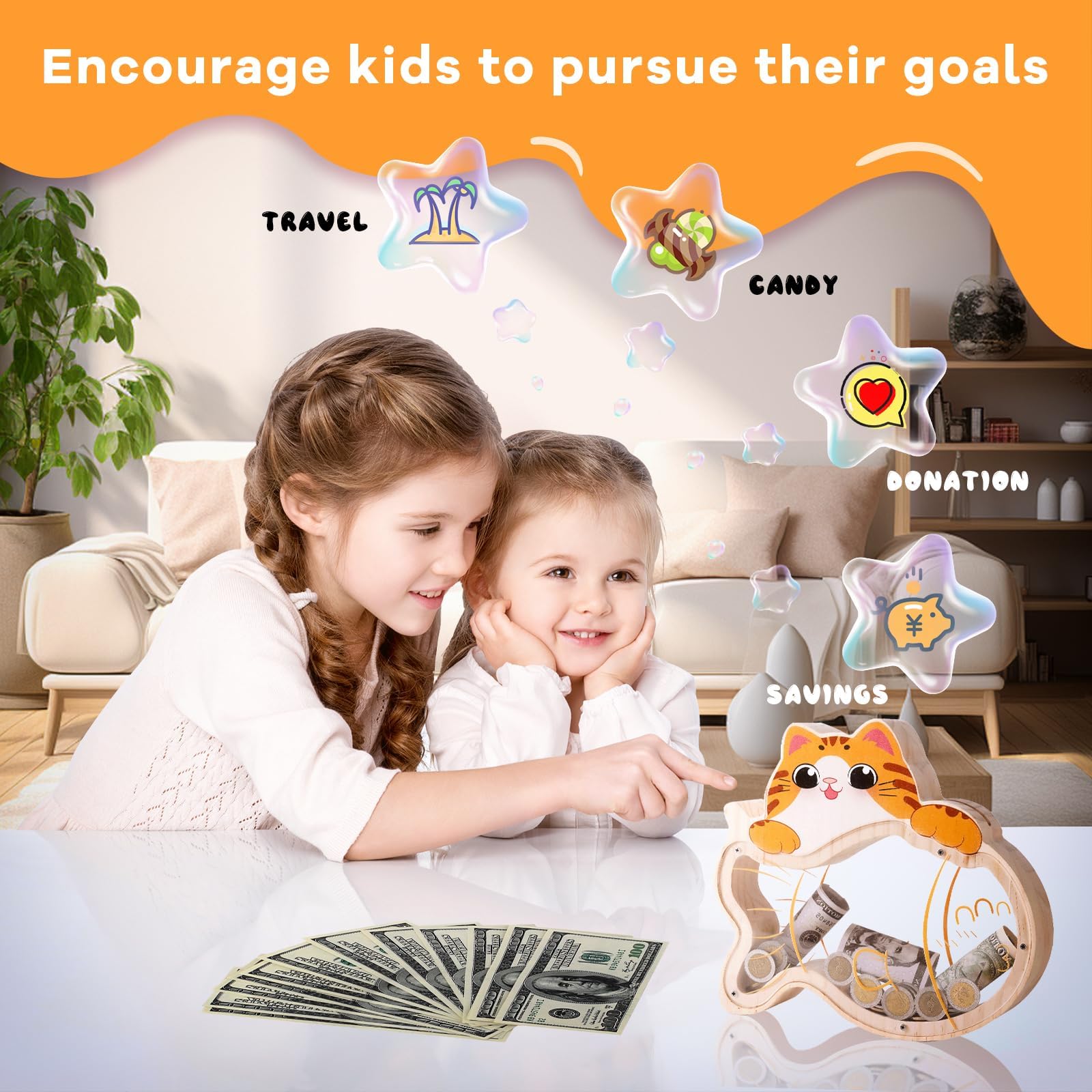 Cat Piggy Bank - Adorable Dual-View Money Box with Personalization Stickers