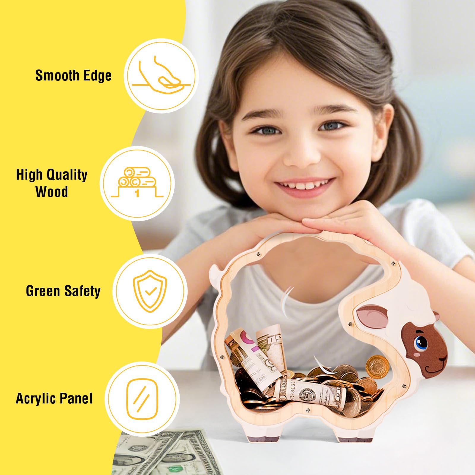 Double-Sided Clear Sheep Wooden Coin Bank – Cute & Educational Gift for Kids and Families