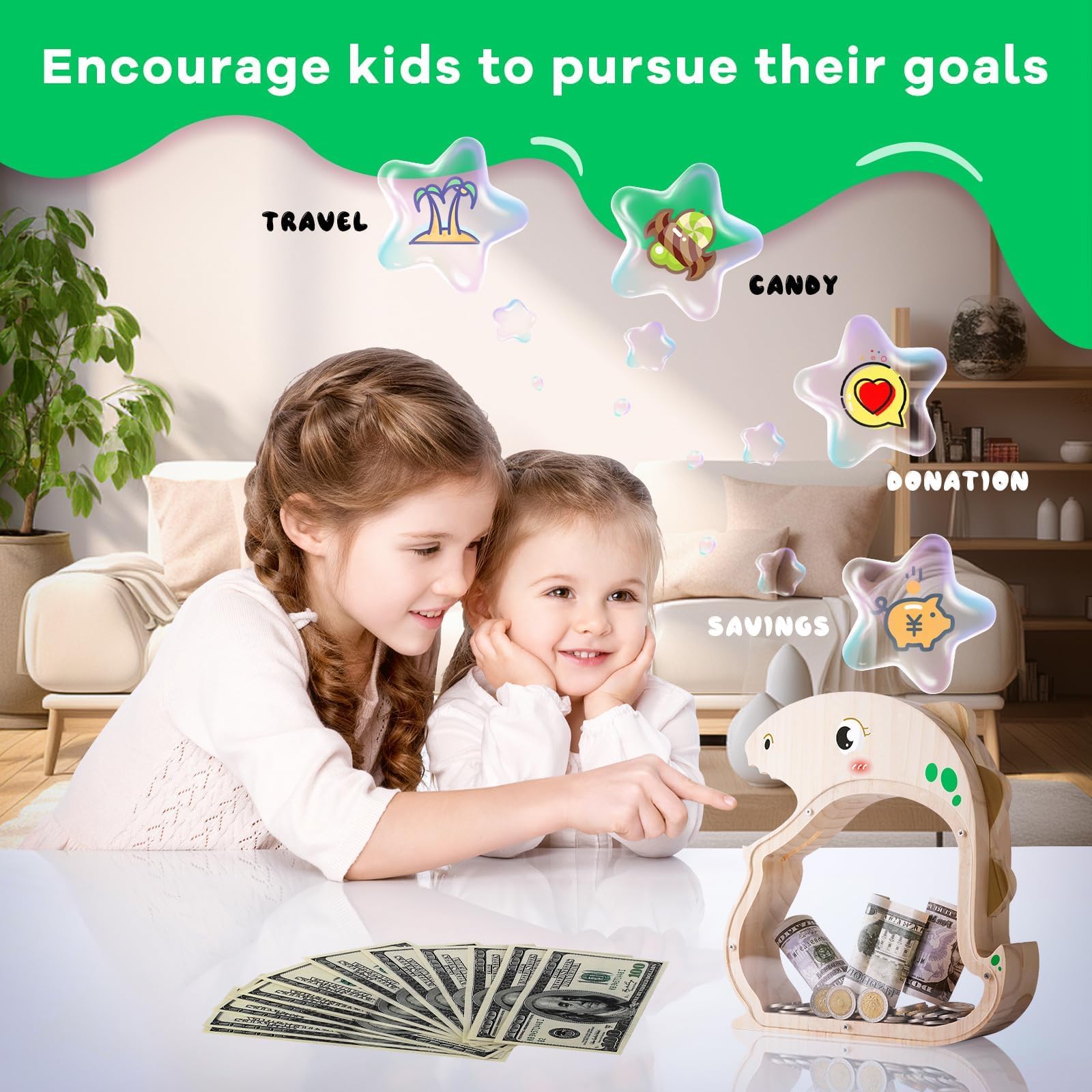 Wooden Dinosaur Piggy Bank - Prehistoric Savings Fun for Kids