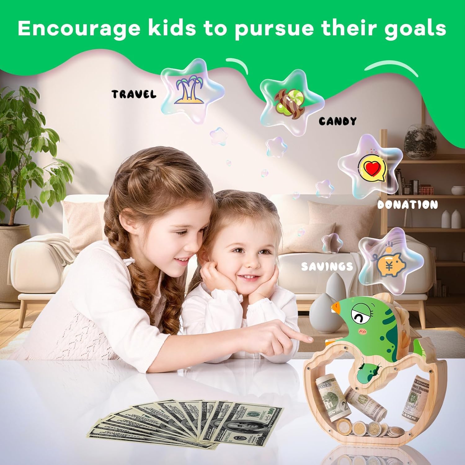 Baby Dinosaur Wooden Piggy Bank - Prehistoric Savings Fun for Kids