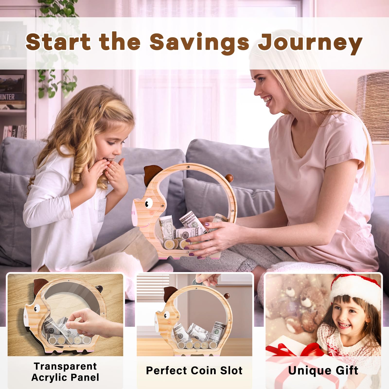 Wooden Piggy Bank - Adorable & Durable Money Box for Kids