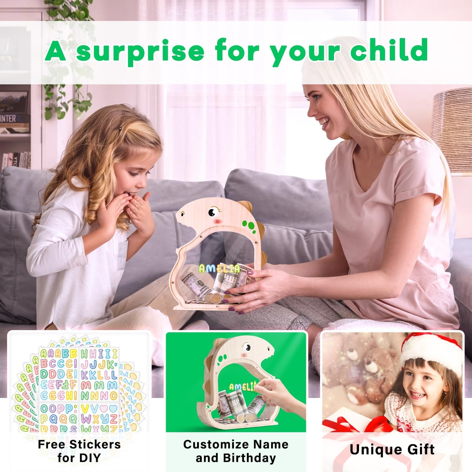 Wooden Dinosaur Piggy Bank - Prehistoric Savings Fun for Kids