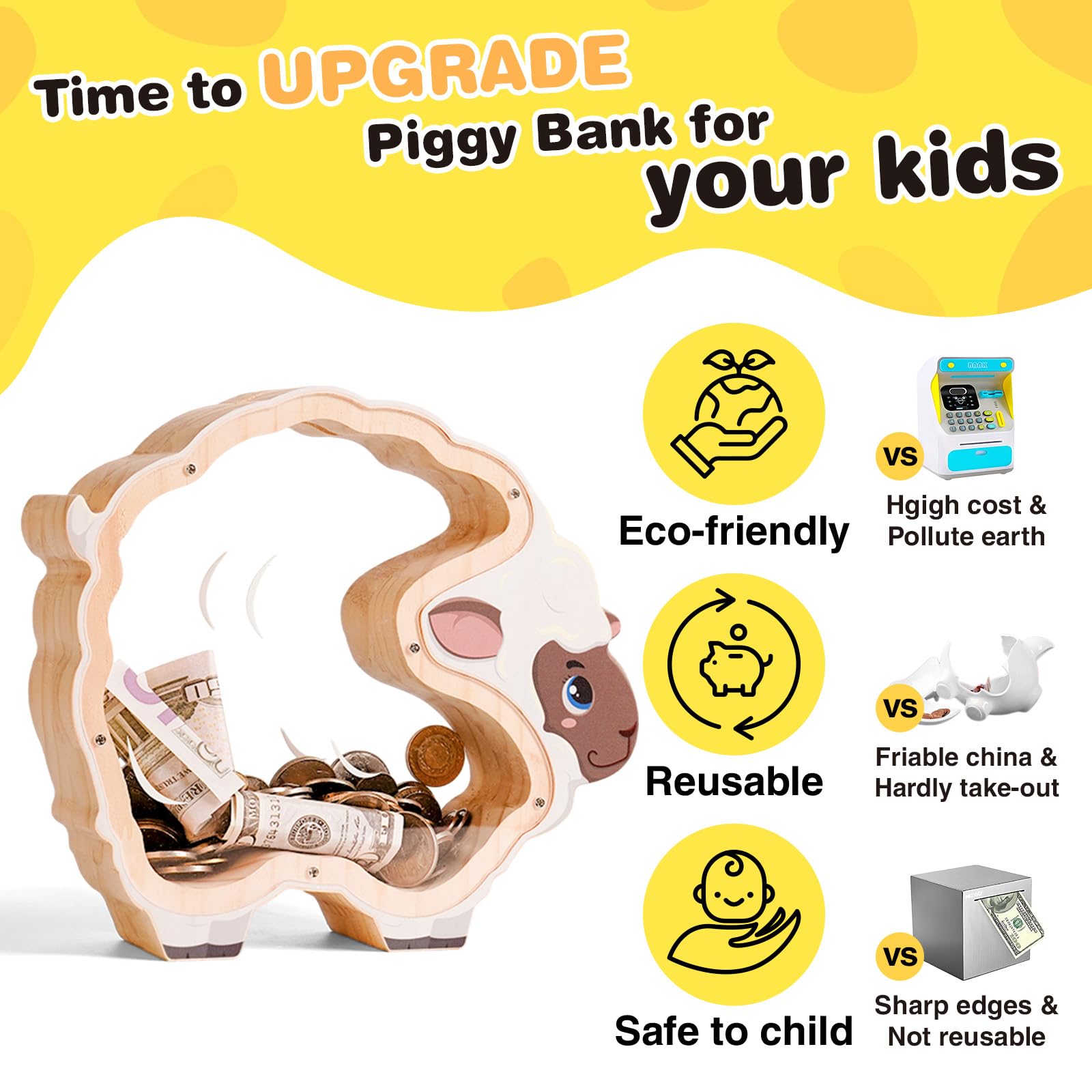 Double-Sided Clear Sheep Wooden Coin Bank – Cute & Educational Gift for Kids and Families