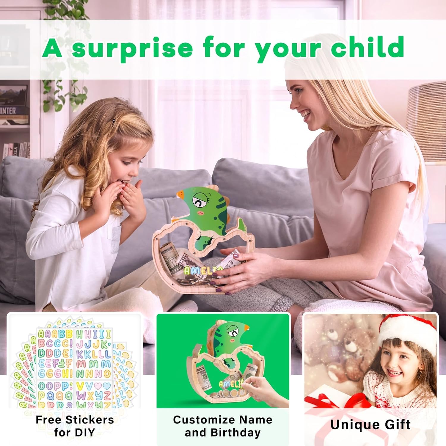 Baby Dinosaur Wooden Piggy Bank - Prehistoric Savings Fun for Kids