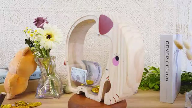 Wooden Elephant Piggy Bank - Adorable Dual-View Coin Keeper with Personalization Stickers